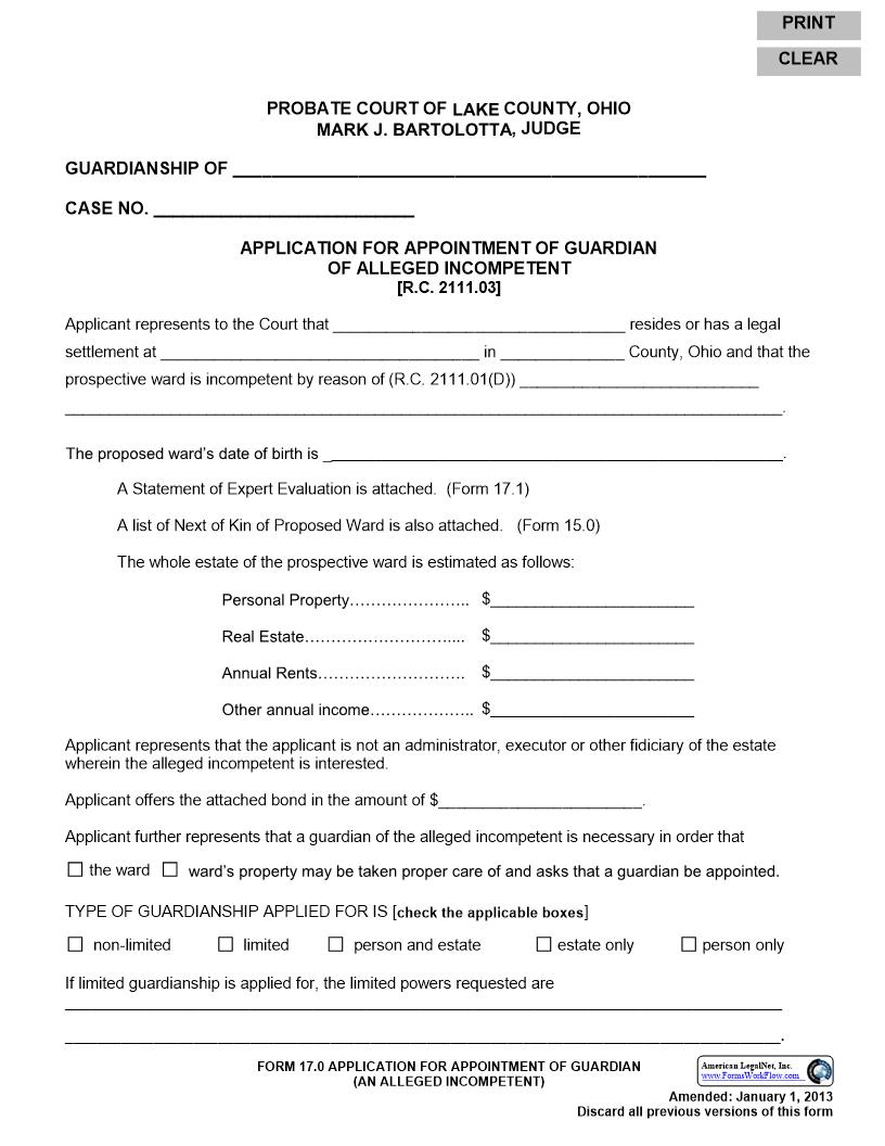 Application For Appointment Of Guardian (Of Incompetent) | Pdf Fpdf Doc Docx | Ohio