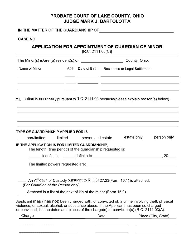 Application For Appointment Of Guardian (Of Minor) | Pdf Fpdf Doc Docx | Ohio