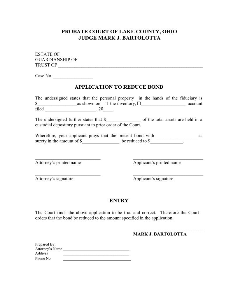 Application To Reduce Bond | Pdf Fpdf Doc Docx | Ohio