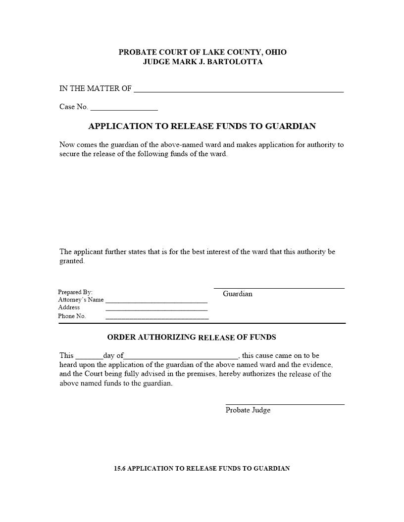 Application To Release Funds To Guardian {15.6} | Pdf Fpdf Doc Docx | Ohio