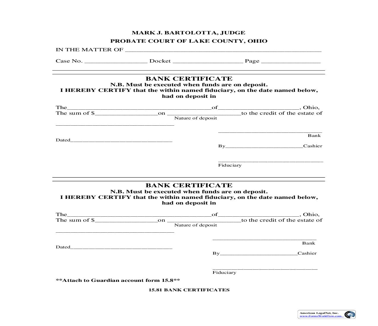 Bank Certificate {15.81} | Pdf Fpdf Doc Docx | Ohio