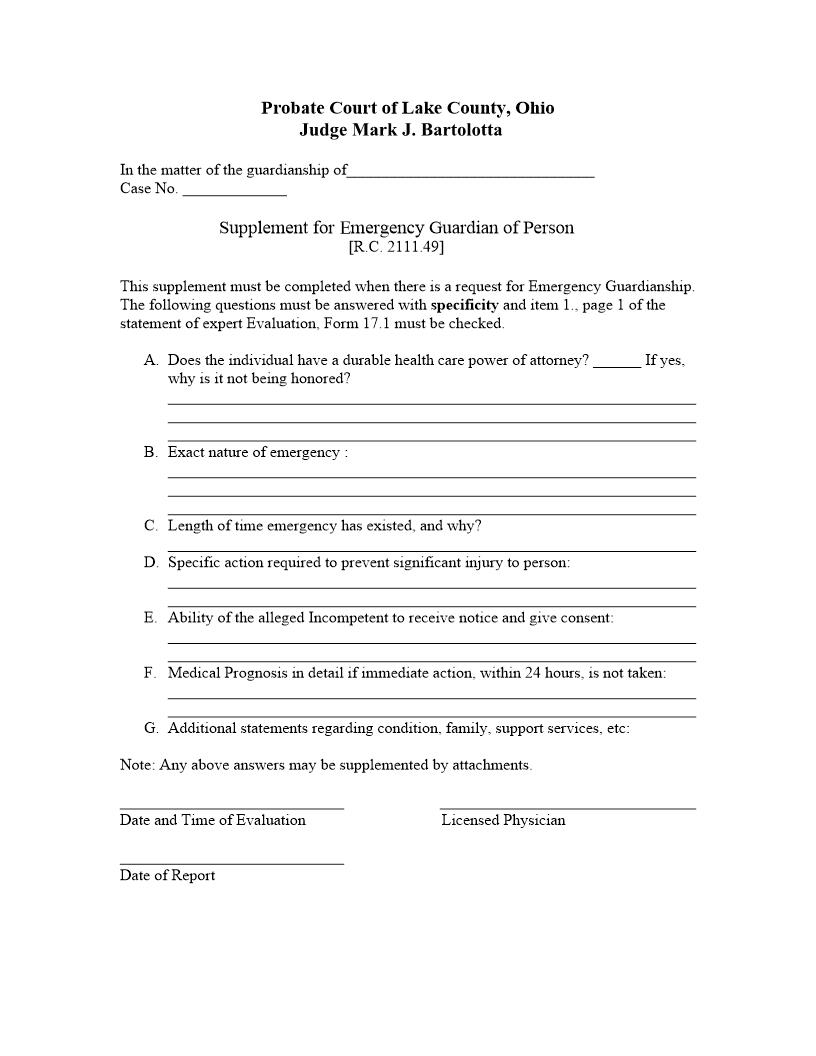 Supplement For Emergency Guardian Of Person | Pdf Fpdf Doc Docx | Ohio