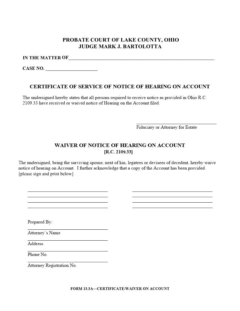 Waiver Of Notice Of Hearing On Account {13.3A} | Pdf Fpdf Docx | Ohio