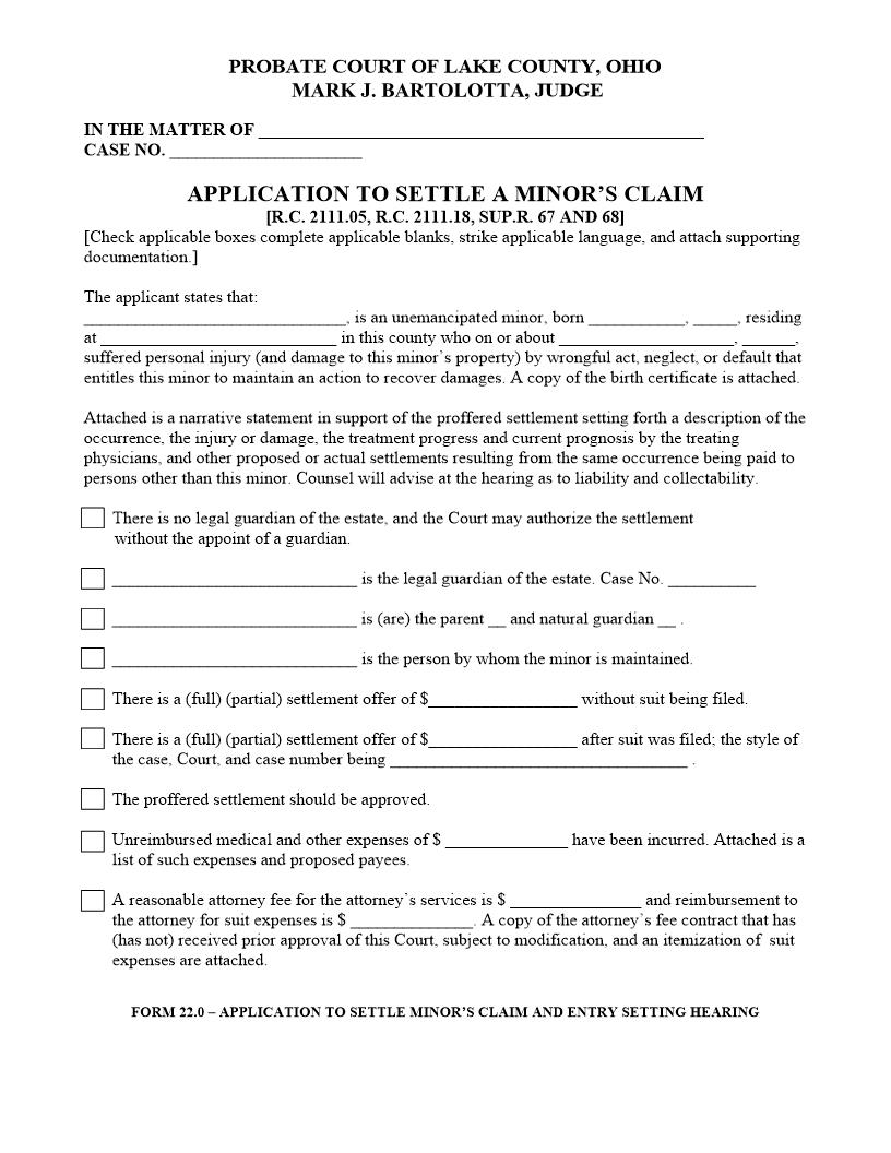 Application To Settle A Minors Claim {22.0} | Pdf Fpdf Doc Docx | Ohio