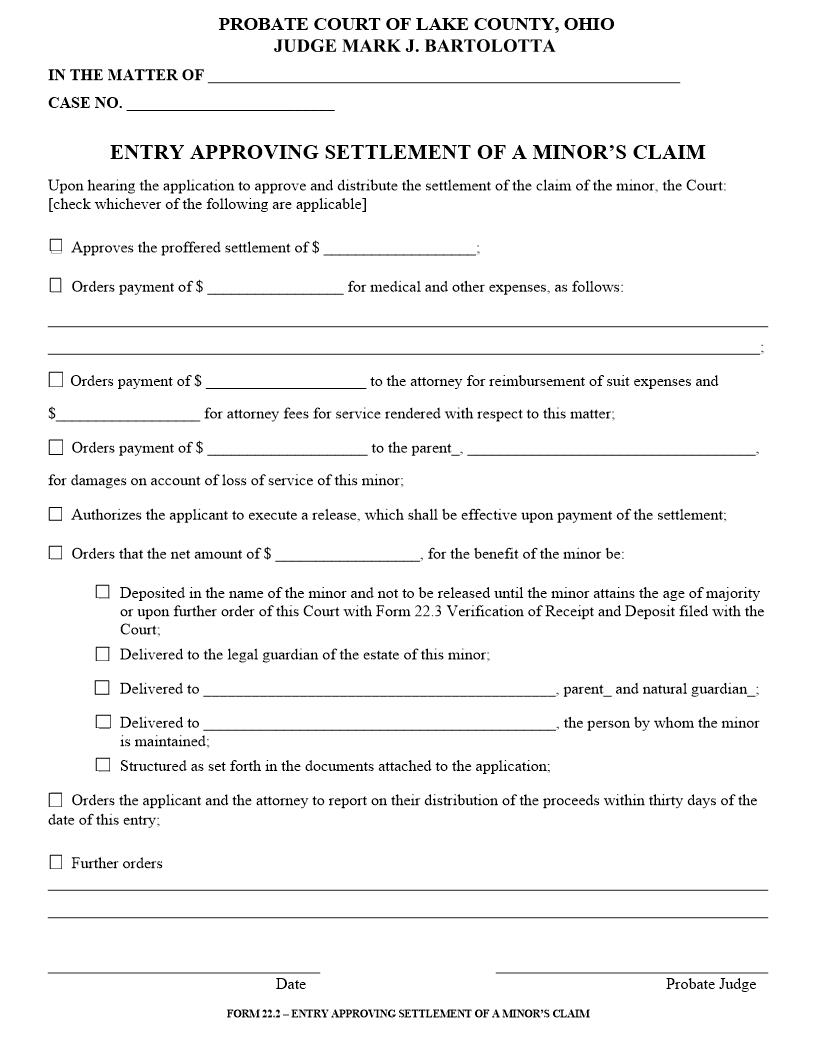 Entry Approving Settlement Of A Minors Claim {22.2} | Pdf Fpdf Doc Docx | Ohio