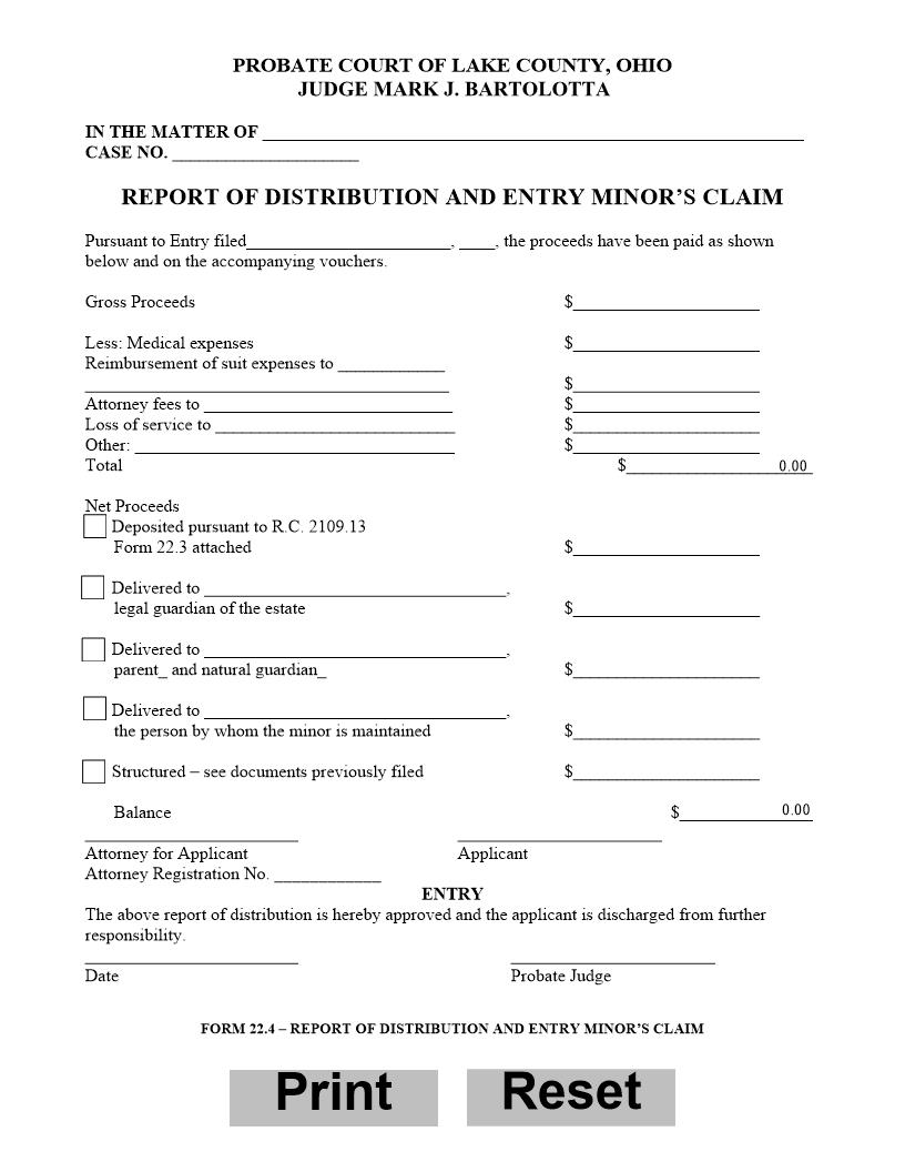 Report Of Distribution And Entry Minors Claim {22.4} | Pdf Fpdf Doc Docx | Ohio