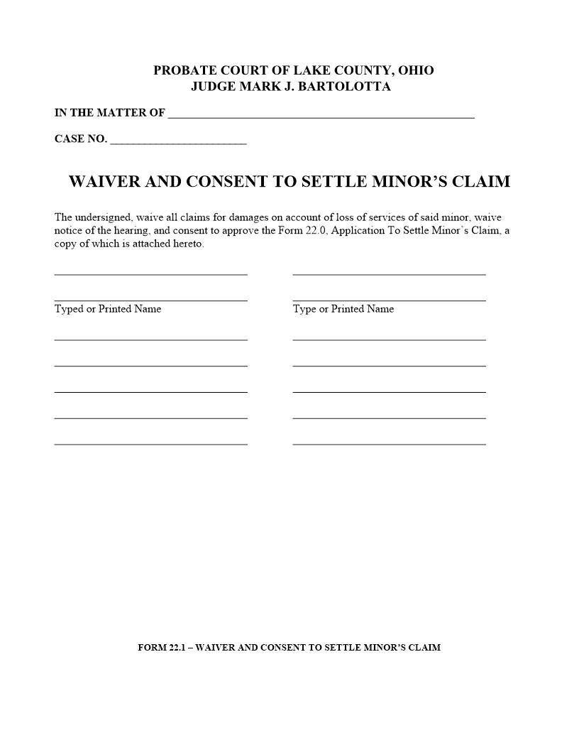 Waiver And Consent To Settle Minors Claim {22.1} | Pdf Fpdf Doc Docx | Ohio