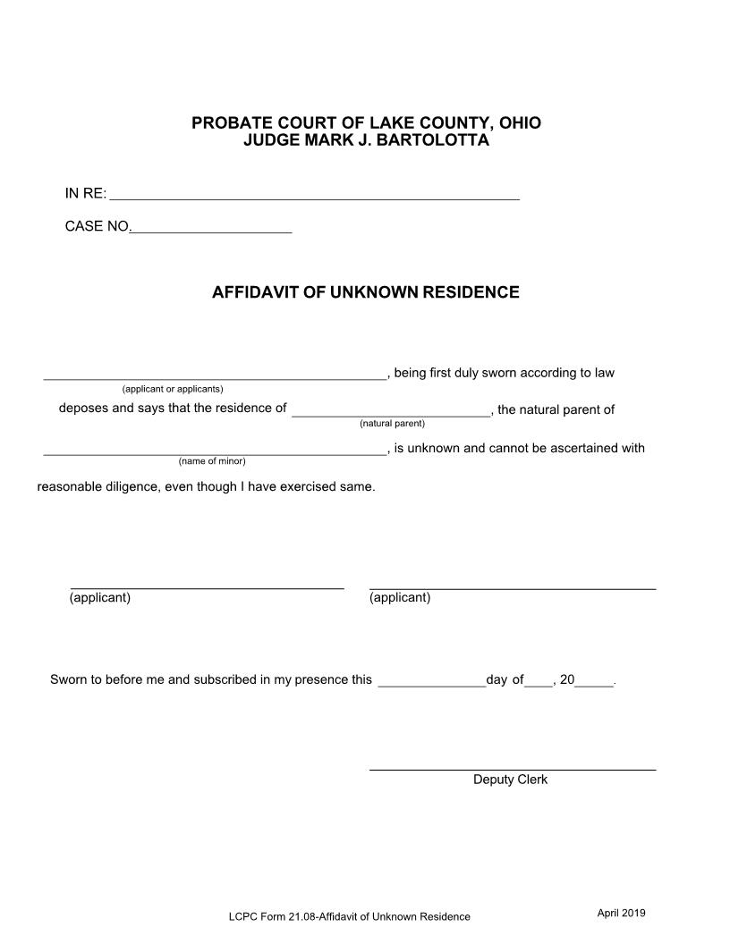 Affidavit Of Unknown Residence | Pdf Fpdf Docx | Ohio