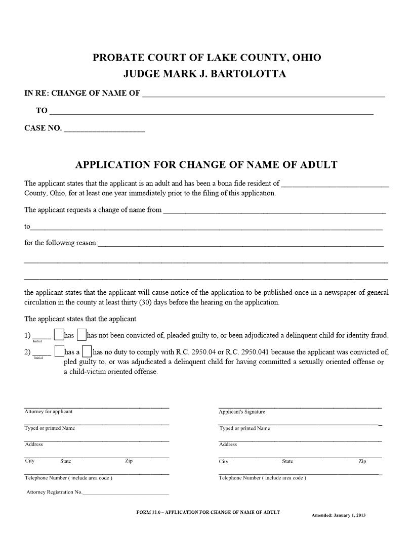 Application For Change Of Name Of Adult {21.0} | Pdf Fpdf Doc Docx | Ohio