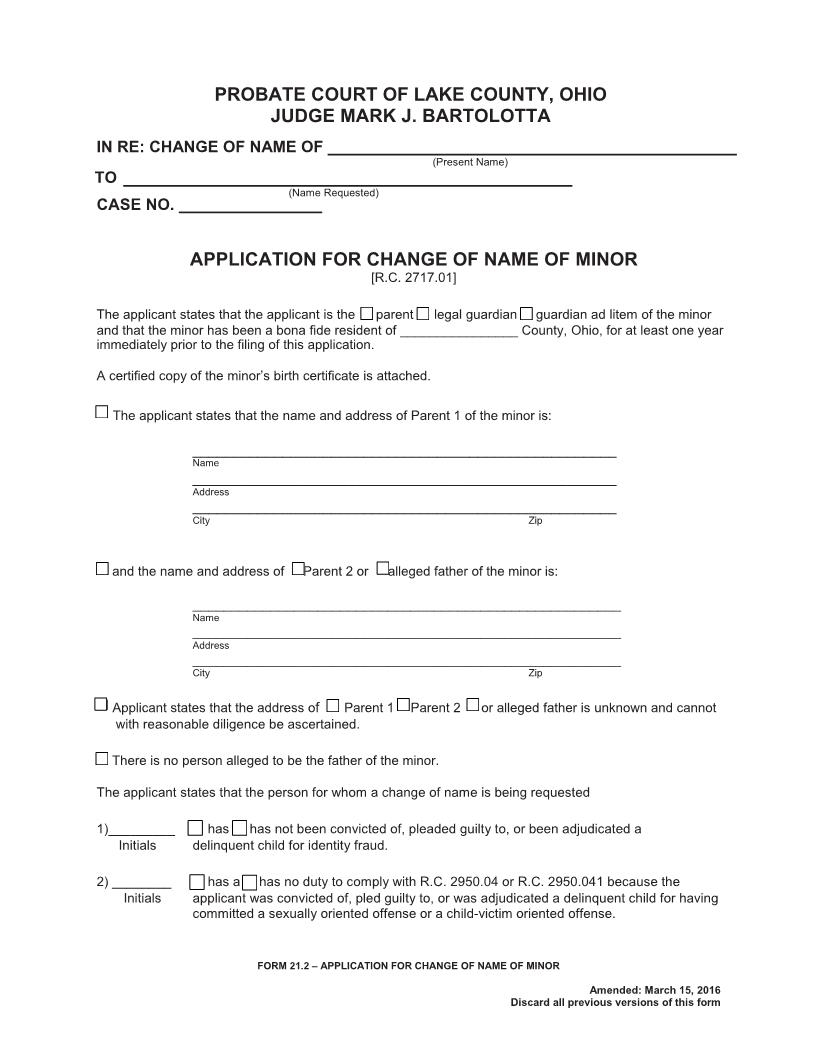 Application For Change Of Name Of Minor {21.2} | Pdf Fpdf Doc Docx | Ohio