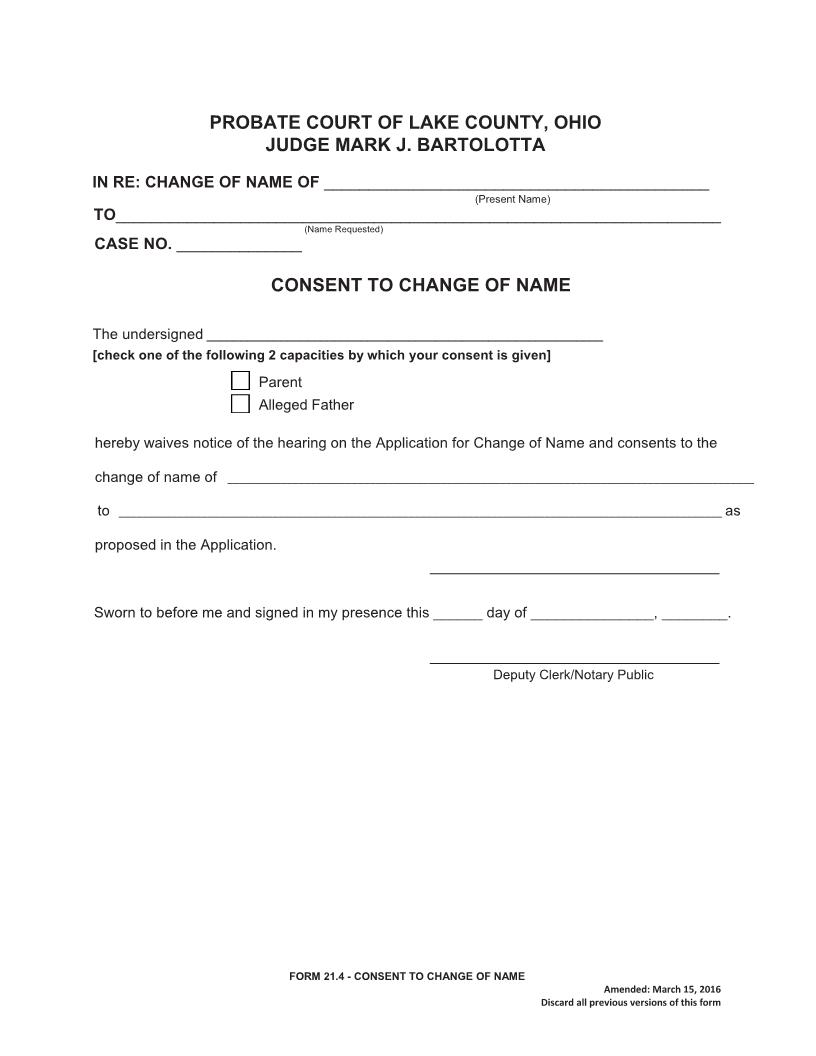Consent To Change Of Name {21.4} | Pdf Fpdf Doc Docx | Ohio