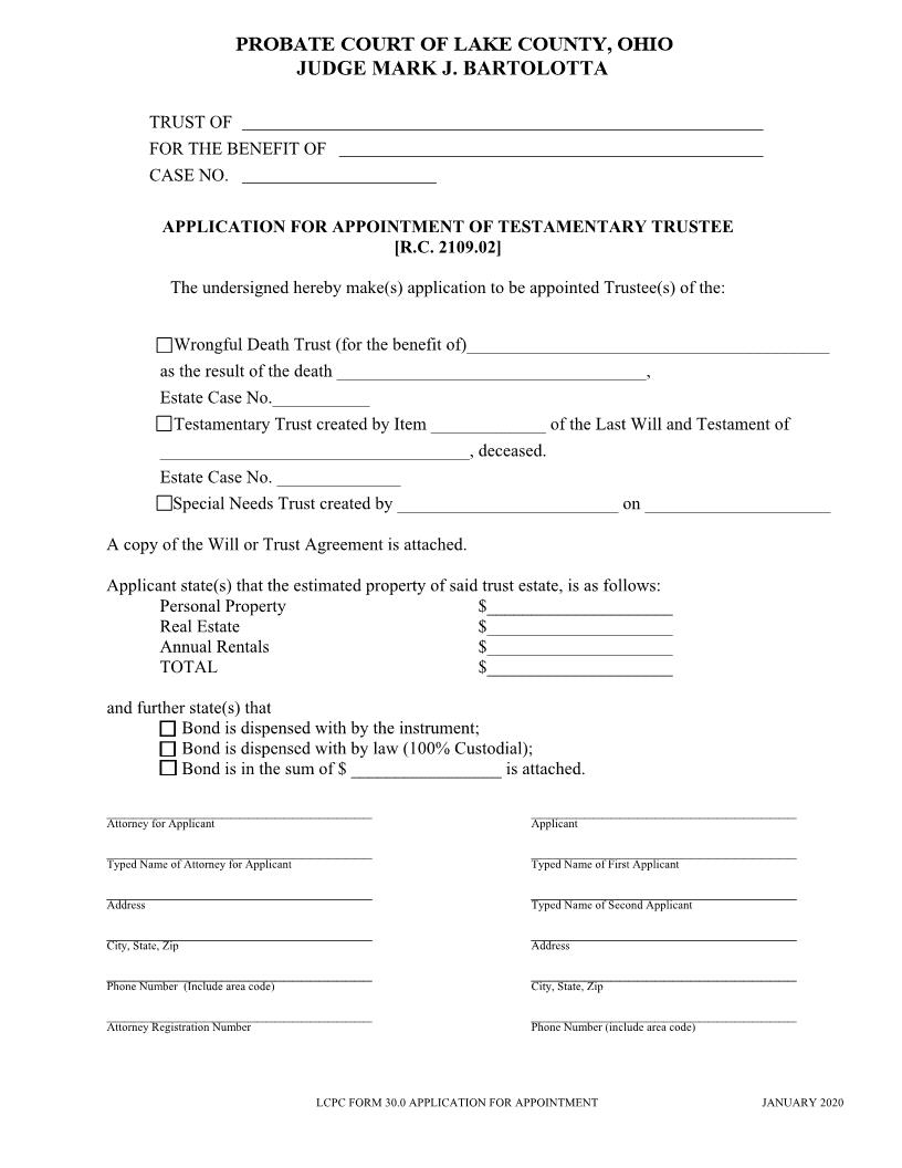 Application For Appointment Of Trustee | Pdf Fpdf Doc Docx | Ohio