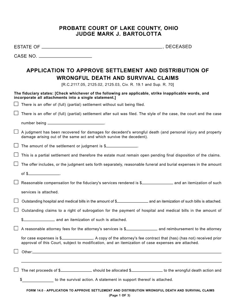 Application To Approve Settlement And Distribution Of Wrongful Death And Survival Claims {14.0} | Pdf Fpdf Doc Docx | Ohio