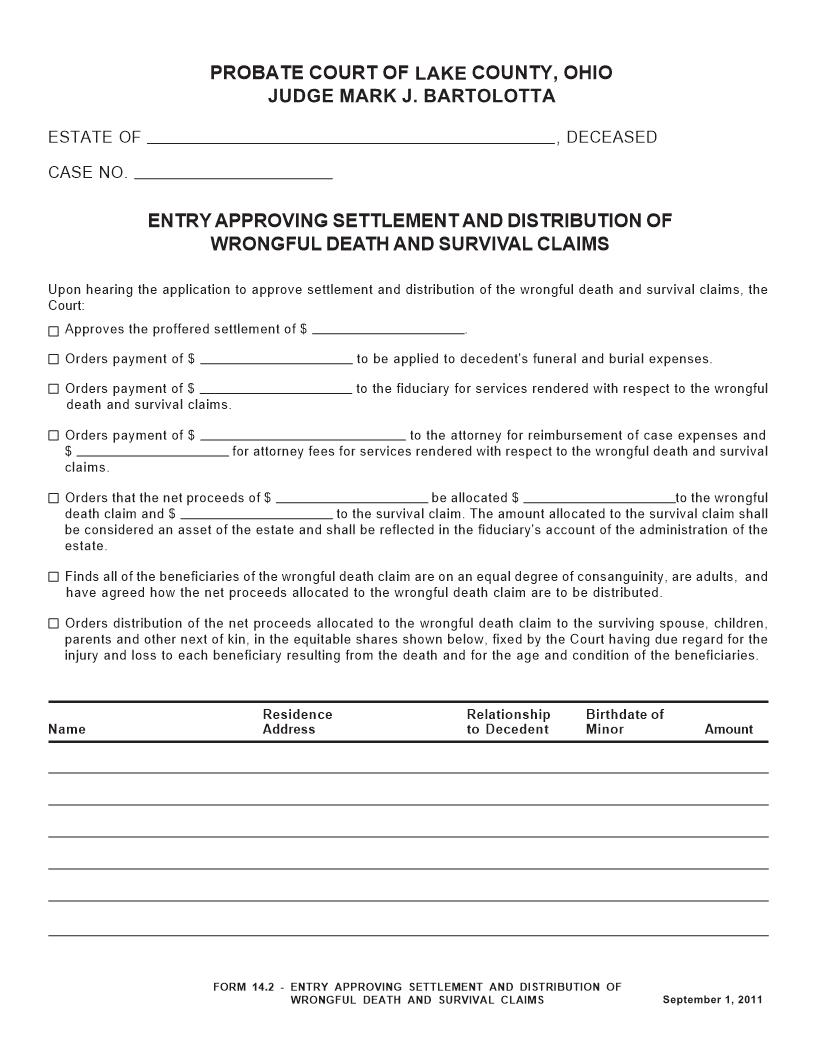 Entry Approving Settlement And Distribution Of Wrongful Death And Survival Claims {14.2} | Pdf Fpdf Doc Docx | Ohio