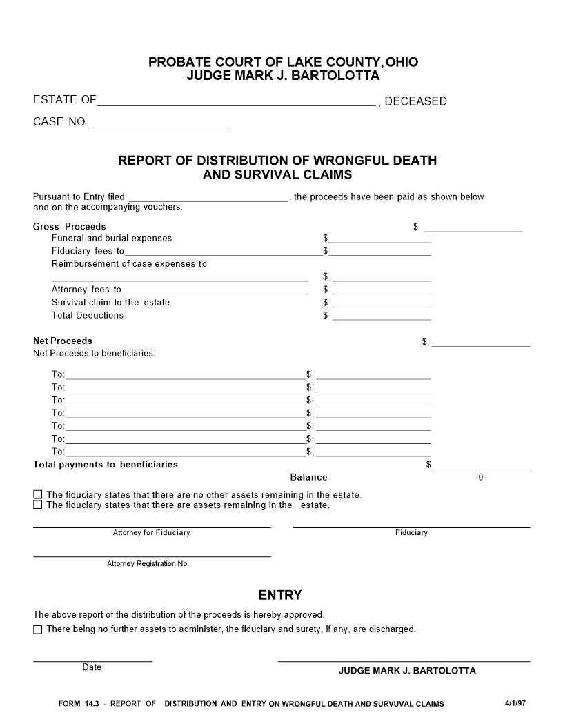 Report Of Distribution Of Wrongful Death And Survival Claims {14.3} | Pdf Fpdf Doc Docx | Ohio