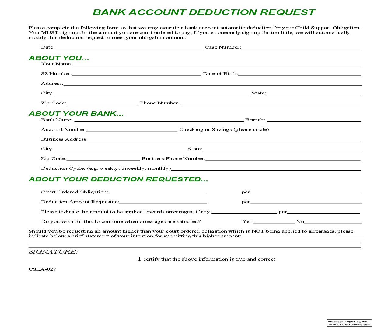 Bank Account Deduction Request | Pdf Fpdf Doc Docx | Ohio