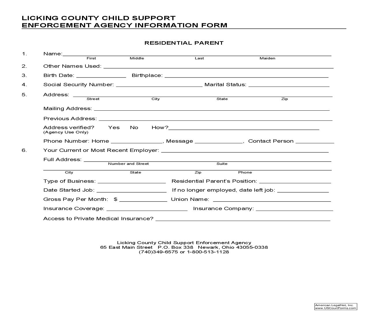 Information Form (Residential Parent) | Pdf Fpdf Doc Docx | Ohio