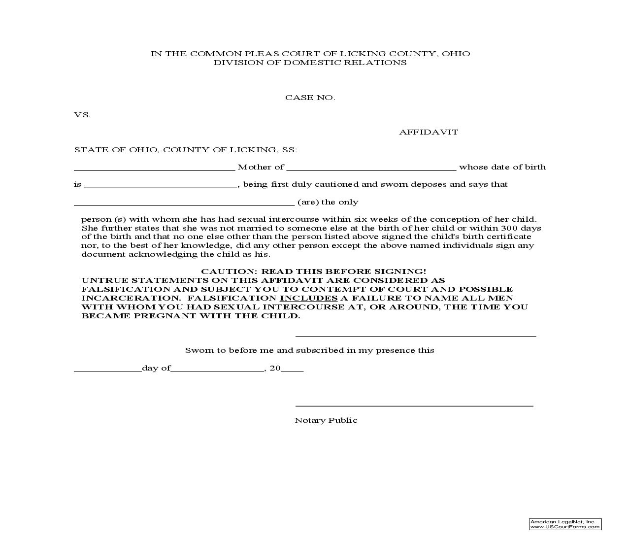 Paternity Affidavit | Pdf Fpdf Doc Docx | Ohio