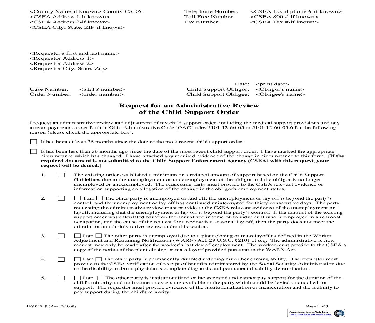 Request For An Administrative Review Of The Support Order | Pdf Fpdf Doc Docx | Ohio