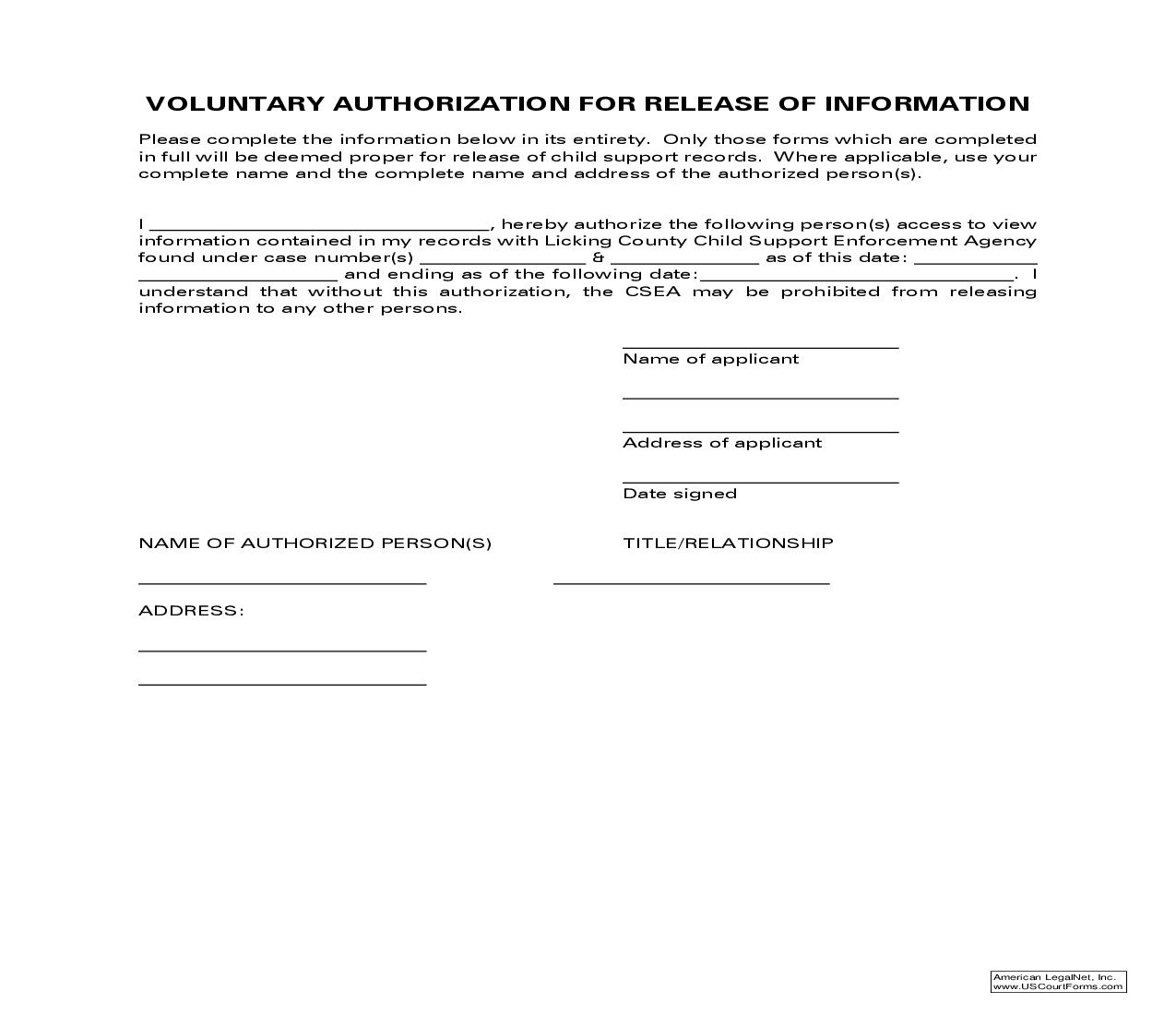 Voluntary Authorization For Release Of Information | Pdf Fpdf Doc Docx | Ohio
