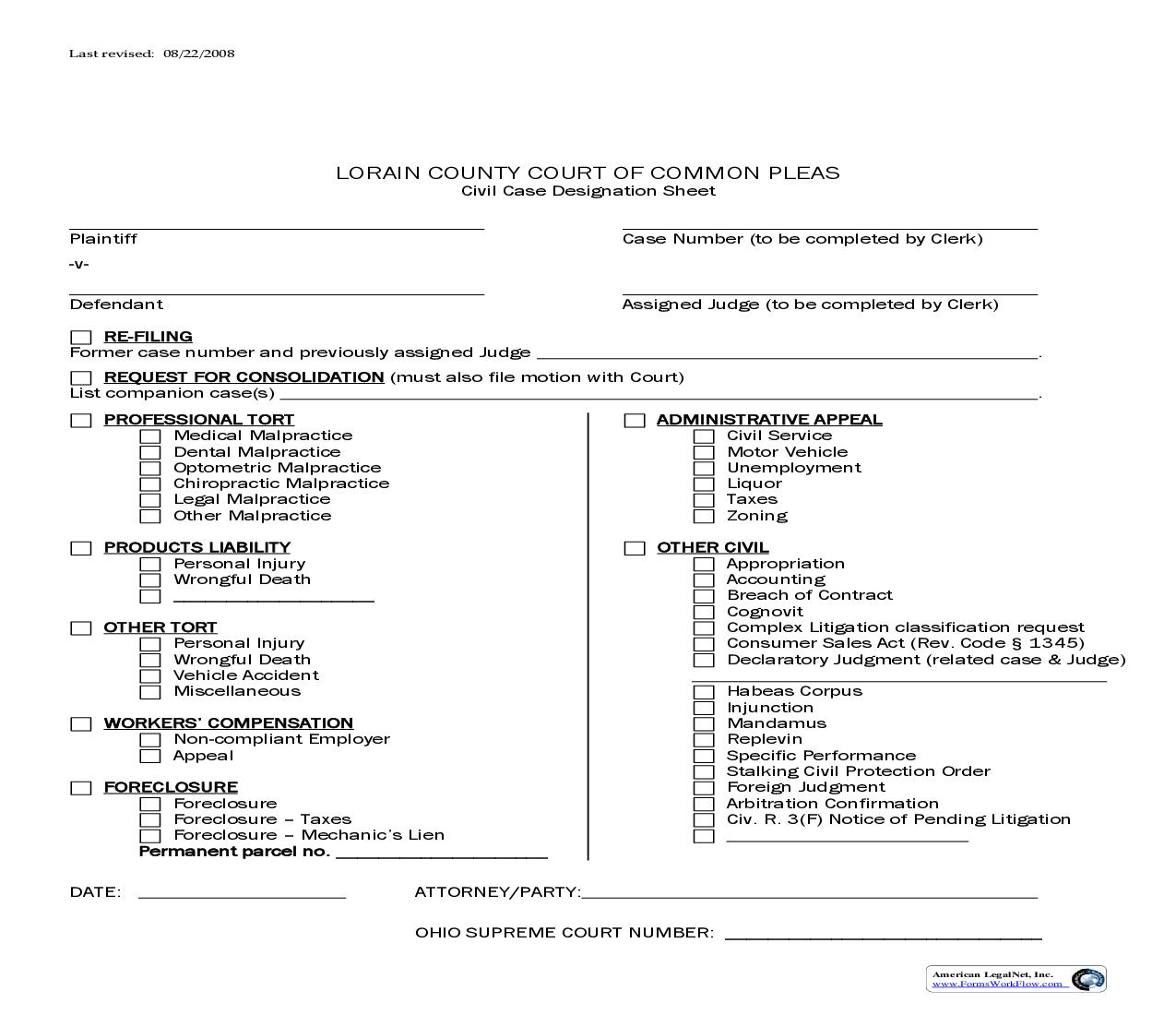 Civil Case Designation Sheet | Pdf Fpdf Doc Docx | Ohio