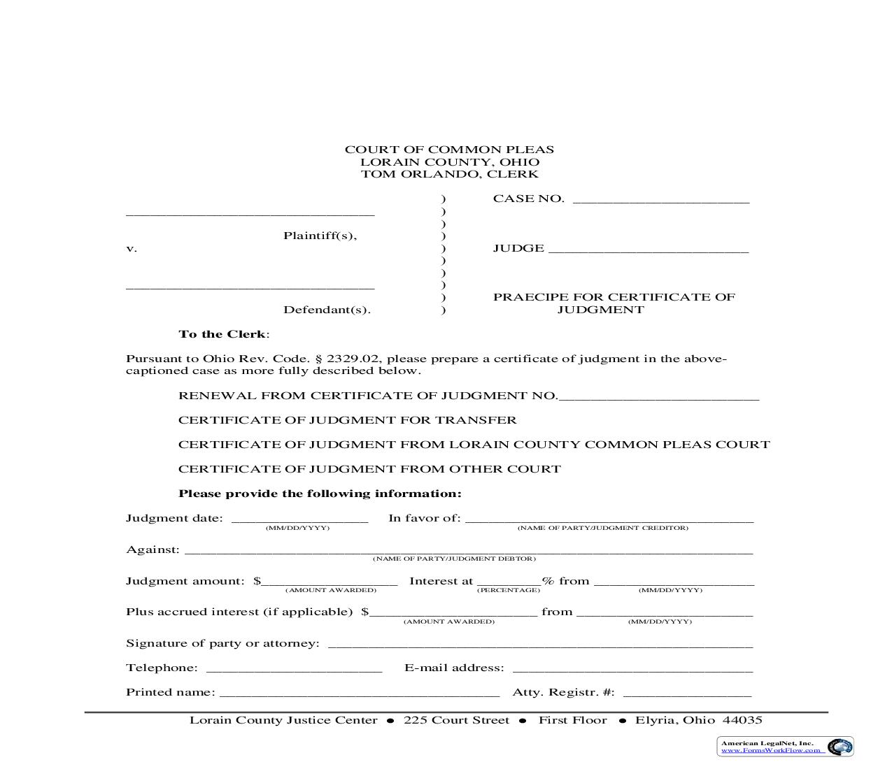 Praecipe For Certificate Of Judgement | Pdf Fpdf Doc Docx | Ohio