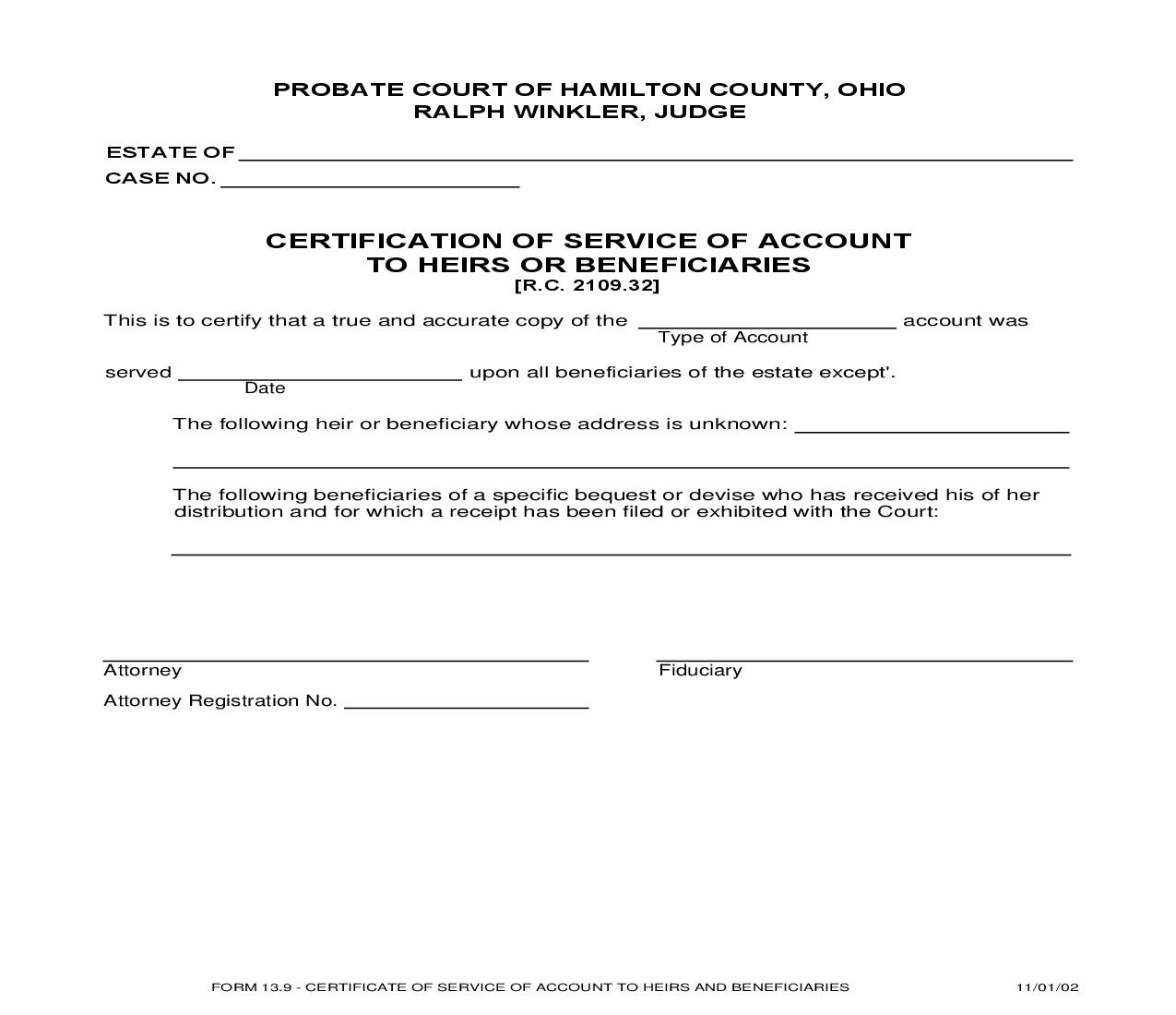 Certification Of Service Of Account To Heirs Or Beneficiaries {13.9} | Pdf Fpdf Doc Docx | Ohio