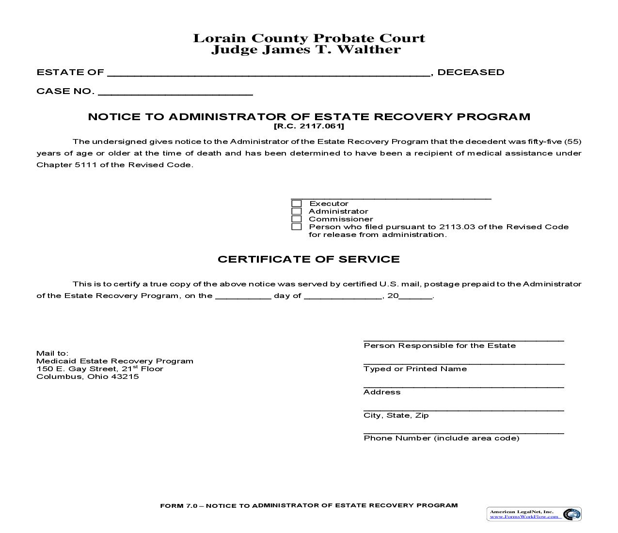 Notice To Administrator Of Estate Recovery Program {7.0} | Pdf Fpdf Doc Docx | Ohio