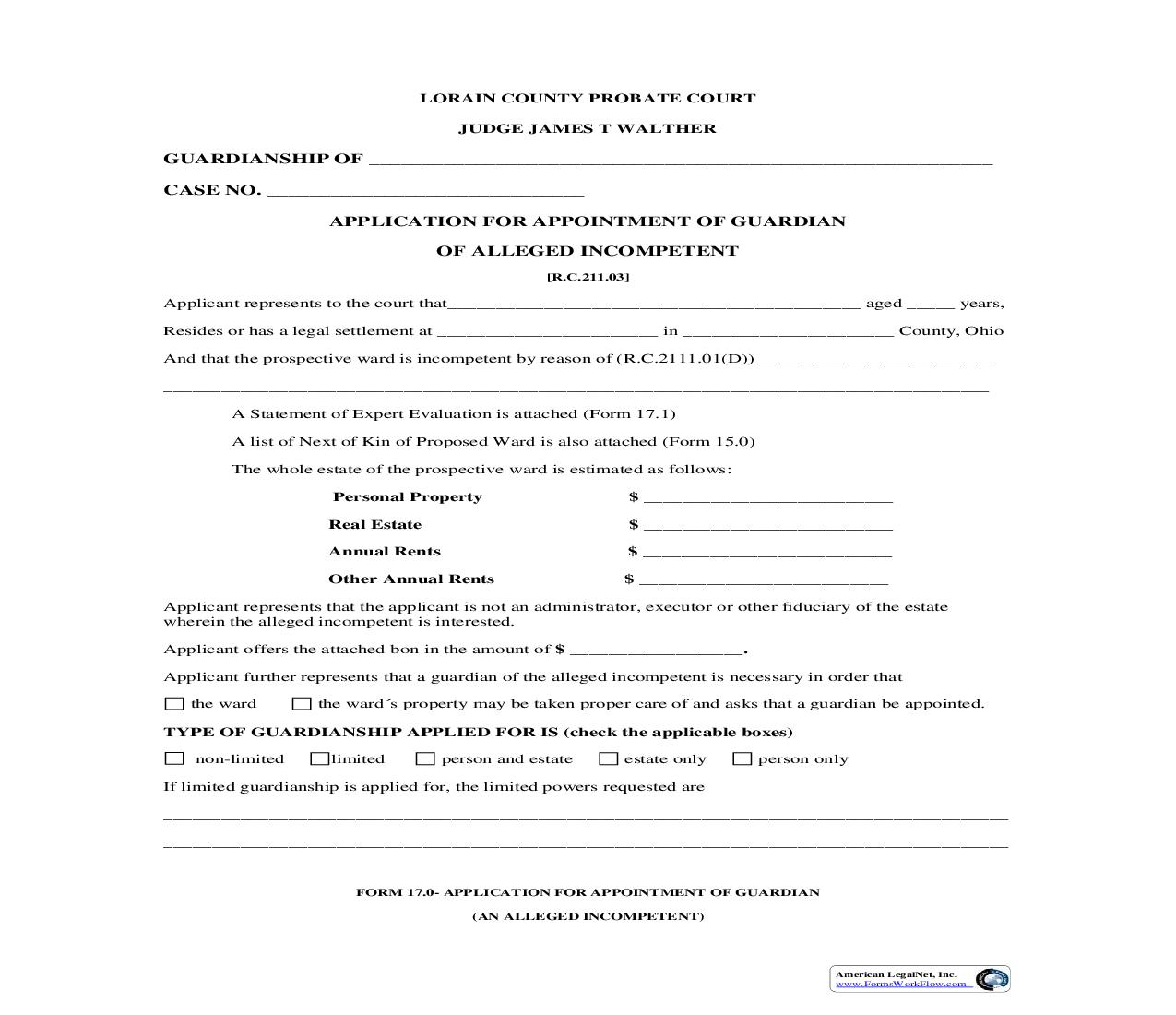 Application For Appointment Of Guardian Of Incompetent {17.0} | Pdf Fpdf Doc Docx | Ohio
