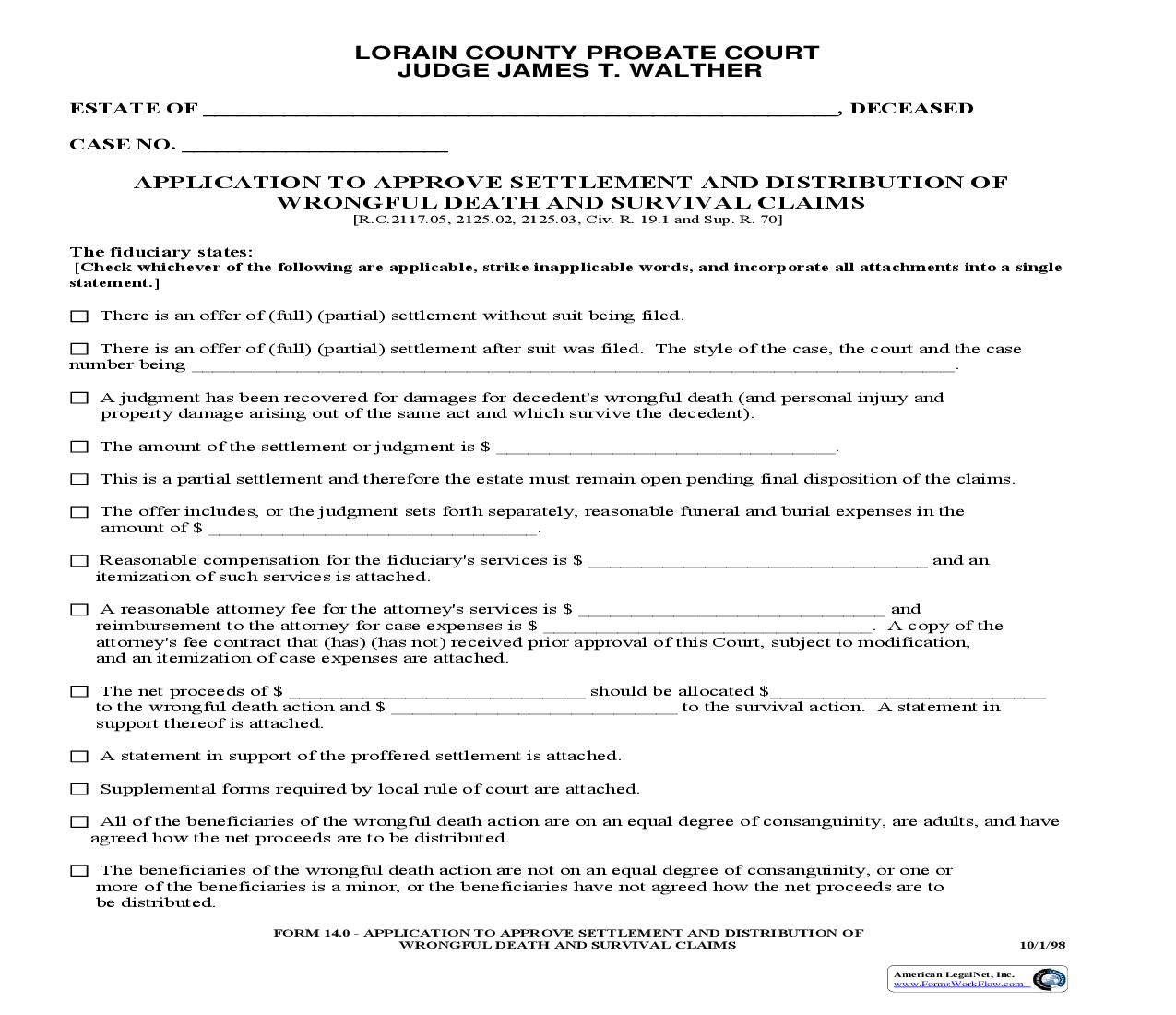 Application To Approve Settlement And Distribution Of Wrongful Death  And Survival Claims {14.0} | Pdf Fpdf Doc Docx | Ohio