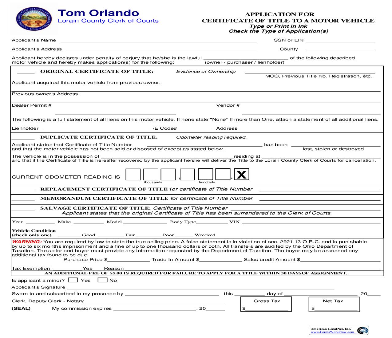 Application For Certificate Of Title To A Motor Vehicle | Pdf Fpdf Doc Docx | Ohio