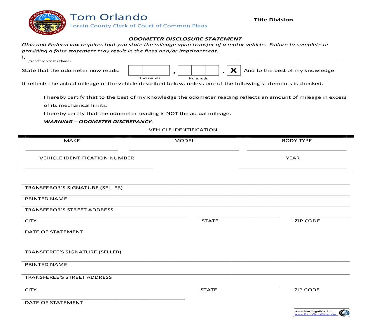 Odometer Disclosure Statement | Pdf Fpdf Doc Docx | Ohio