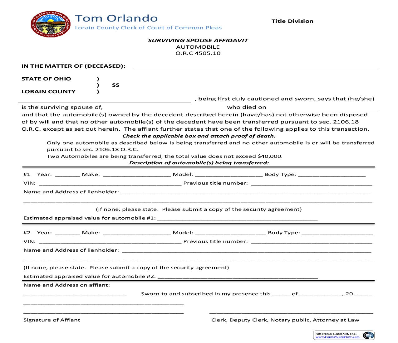 Surviving Spouse Affidavit (Automobile) | Pdf Fpdf Doc Docx | Ohio