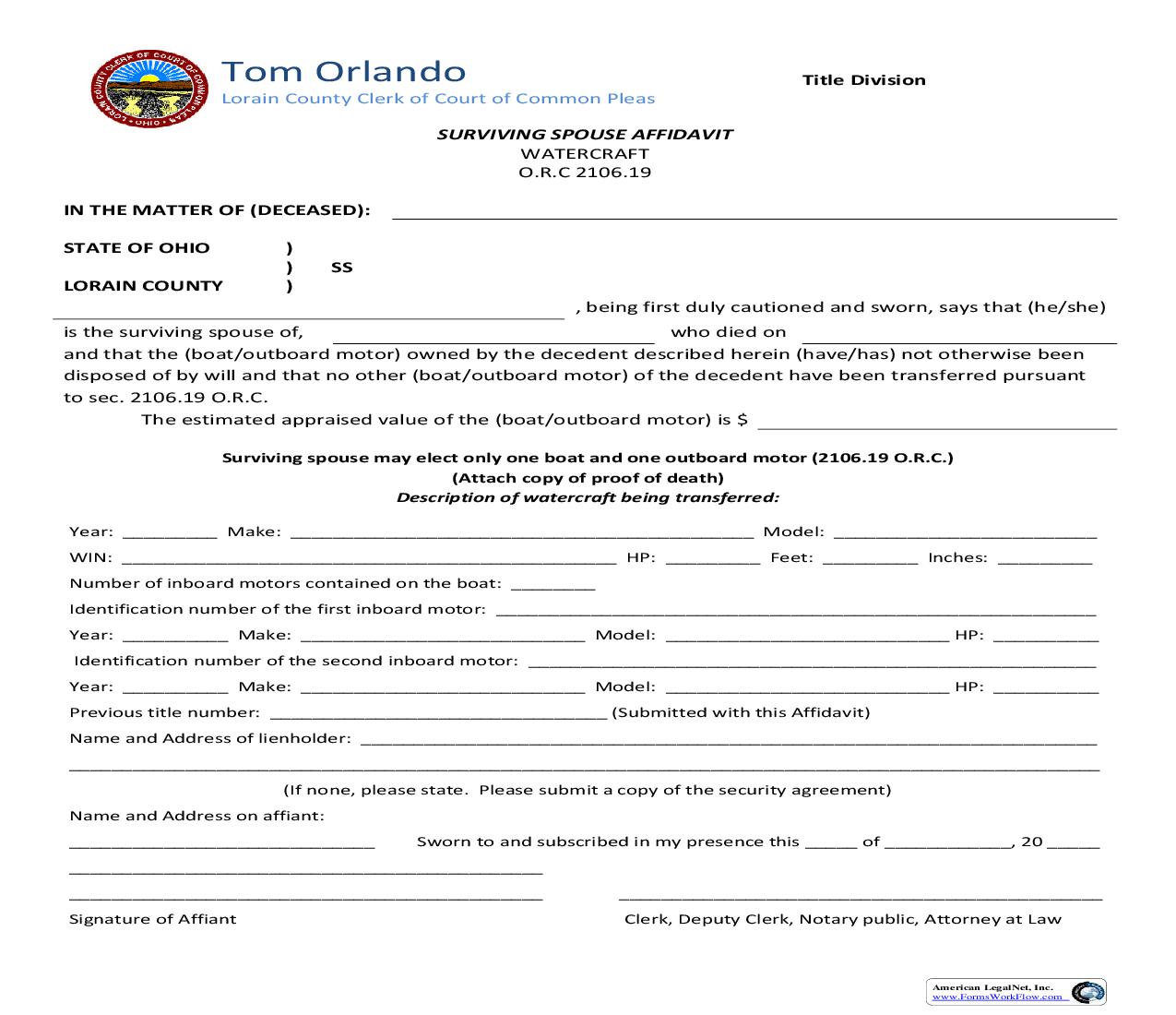 Surviving Spouse Affidavit (Watercraft) | Pdf Fpdf Doc Docx | Ohio