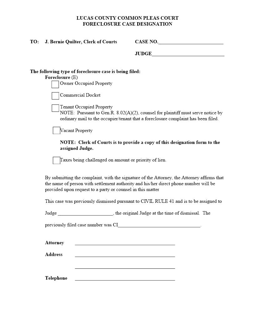 Case Designation Form (Foreclosure ) | Pdf Fpdf Doc Docx | Ohio