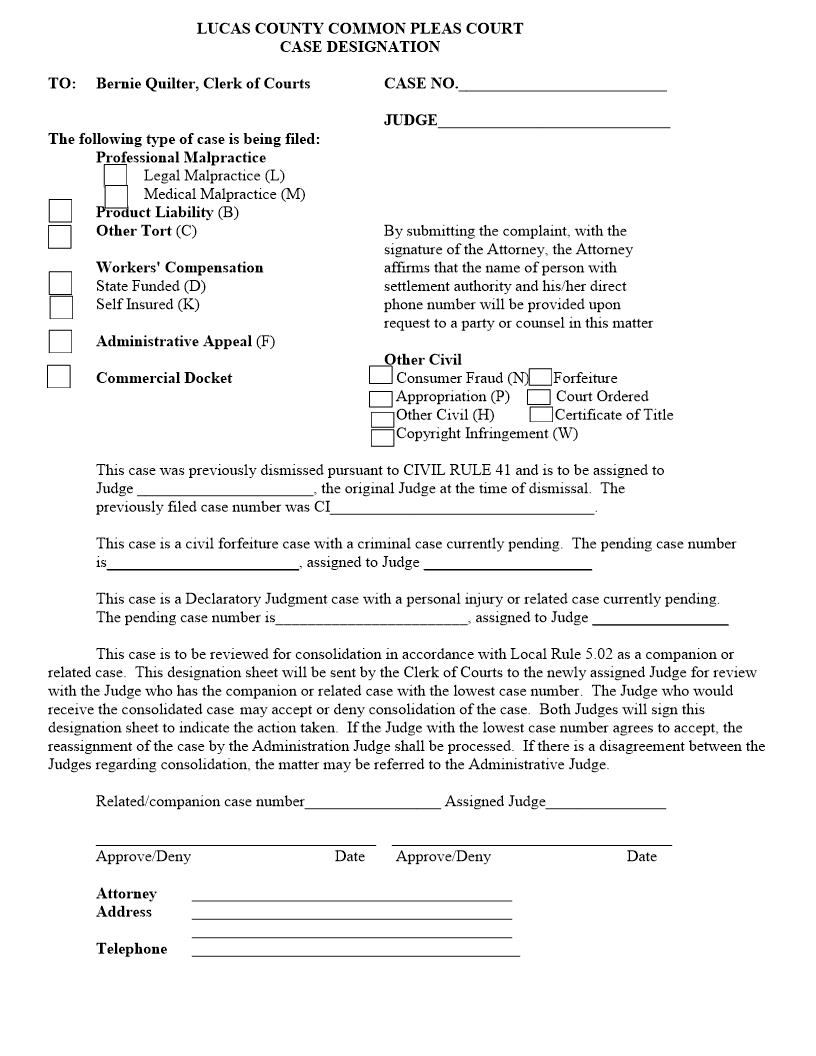 Case Designation Form (Non Foreclosure) | Pdf Fpdf Doc Docx | Ohio