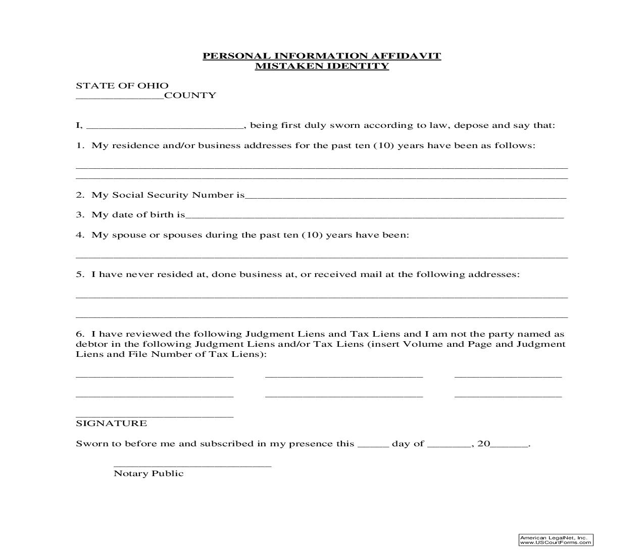 Personal Information Affidavit Mistaken Identity | Pdf Fpdf Doc Docx | Ohio