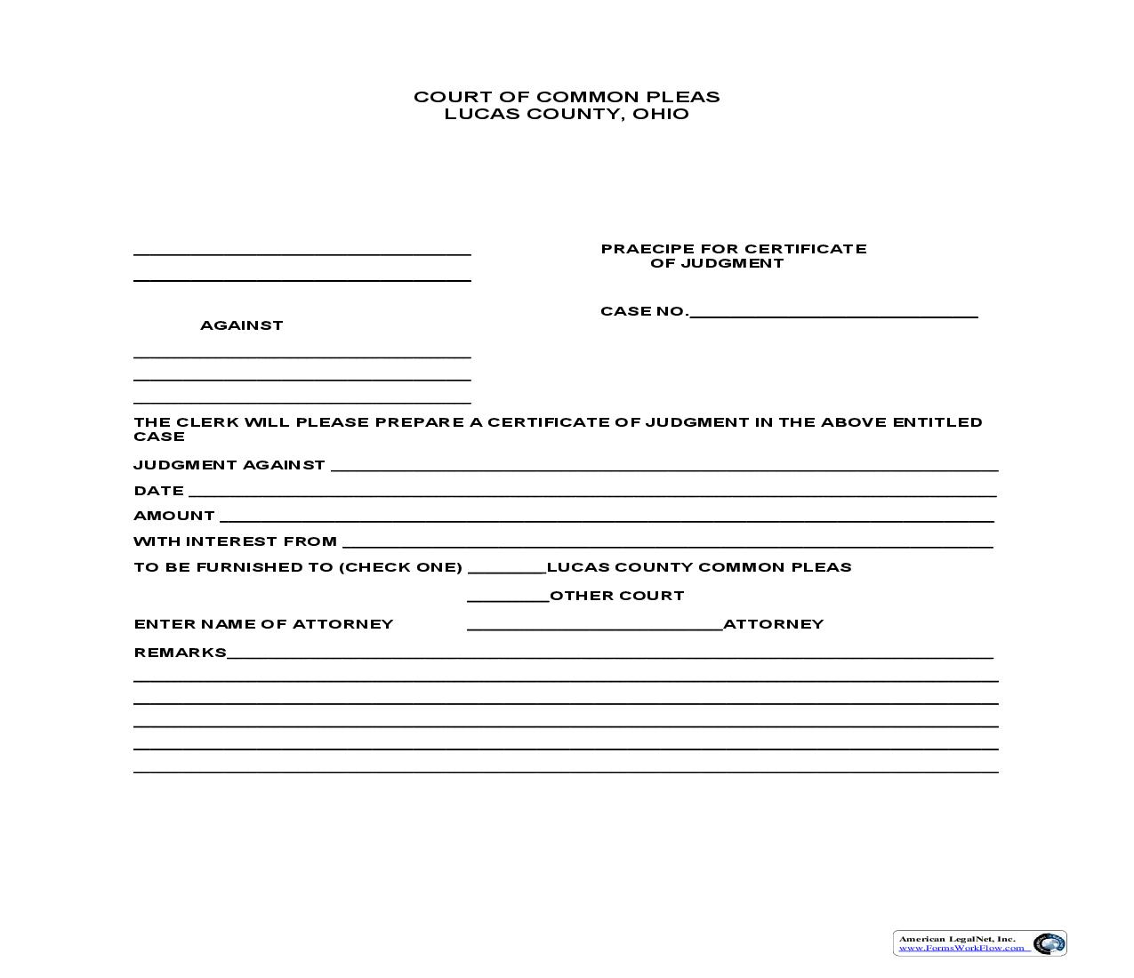Praecipe For Certificate Of Judgment | Pdf Fpdf Doc Docx | Ohio