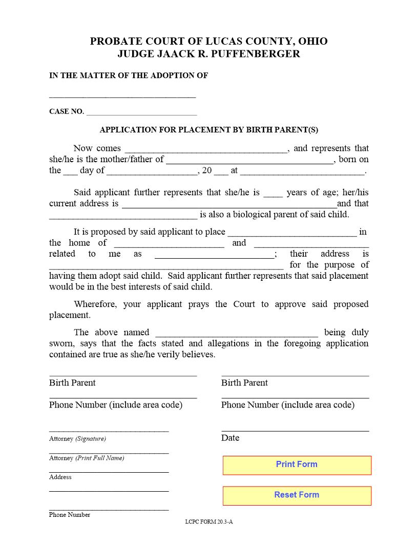 Application For Placement By Birth Parent {20.03A} | Pdf Fpdf Doc Docx | Ohio