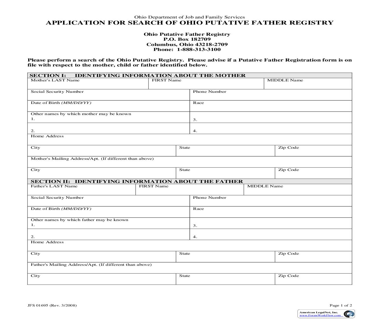 Application For Search Of Ohio Putative Father Registry | Pdf Fpdf Doc Docx | Ohio