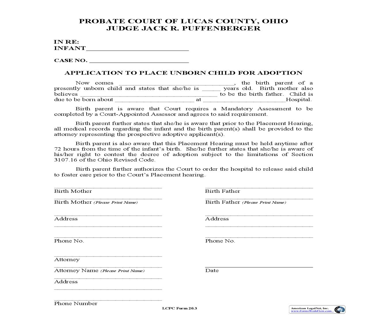 Application To Place Unborn Child For Adoption {20.03} | Pdf Fpdf Doc Docx | Ohio