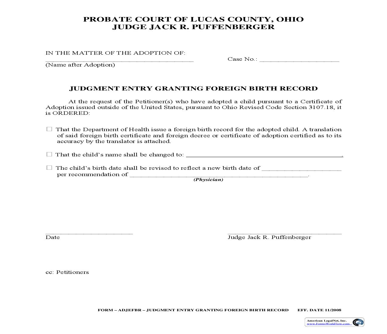 Judgement Entry Granting Foreign Birth Record | Pdf Fpdf Doc Docx | Ohio