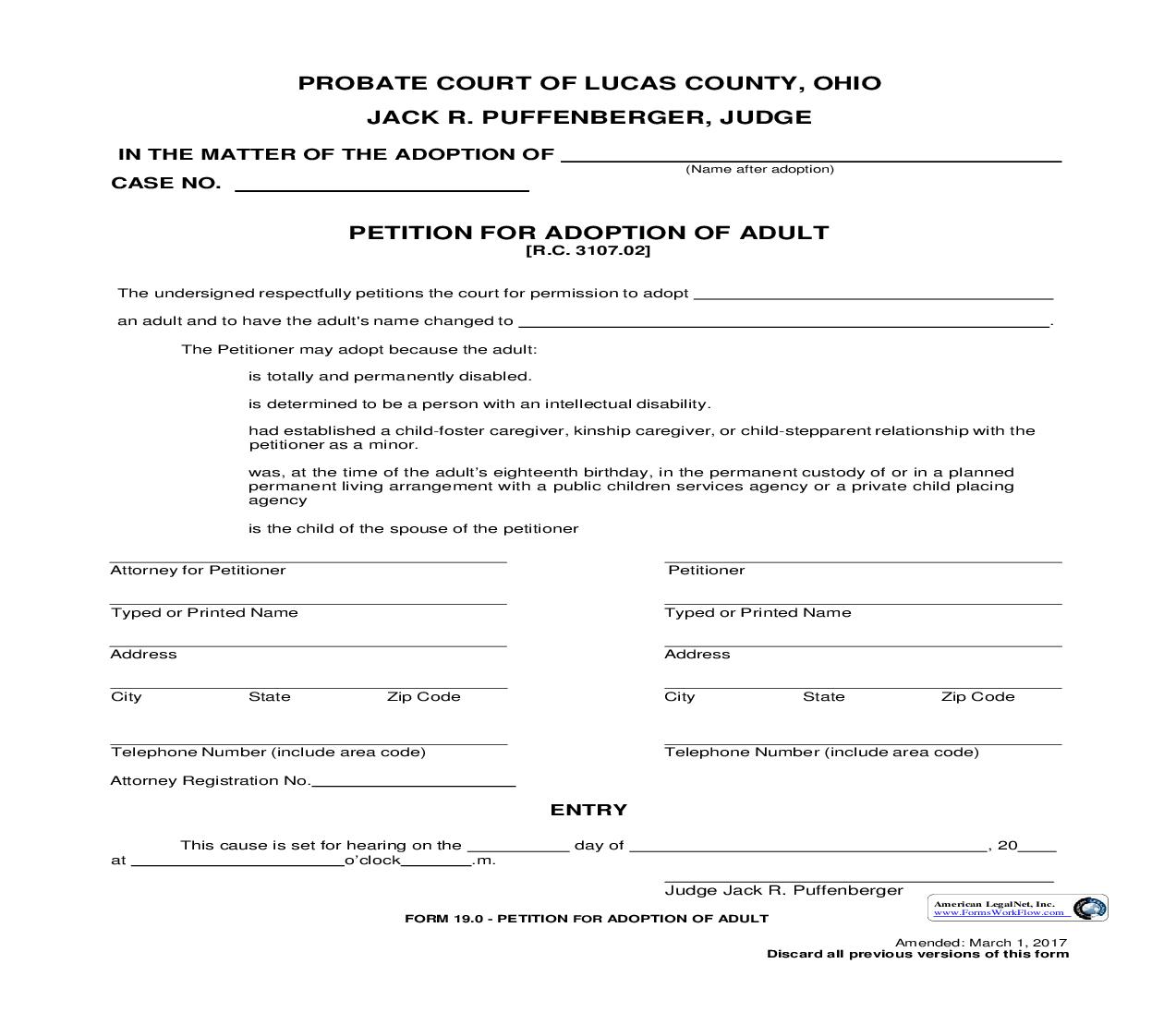 Petitioin For Adoption Of Adult {19.0} | Pdf Fpdf Doc Docx | Ohio