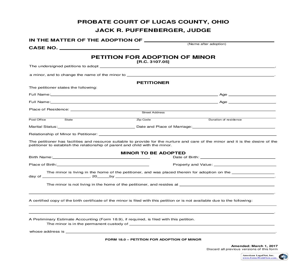 Petition For Adoption Of Minor {18.0} | Pdf Fpdf Doc Docx | Ohio