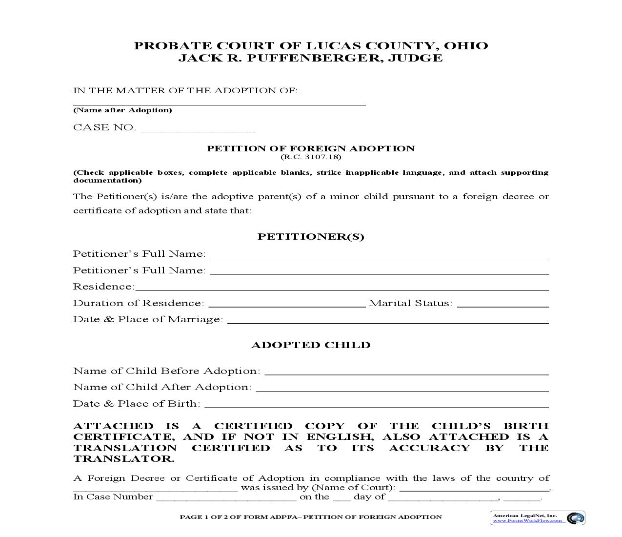 Petition Of Foreign Adoption | Pdf Fpdf Doc Docx | Ohio