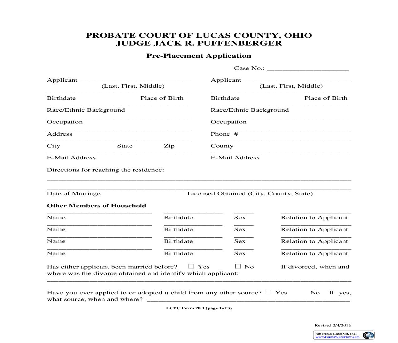 Pre-Placement Application {20.1} | Pdf Fpdf Doc Docx | Ohio