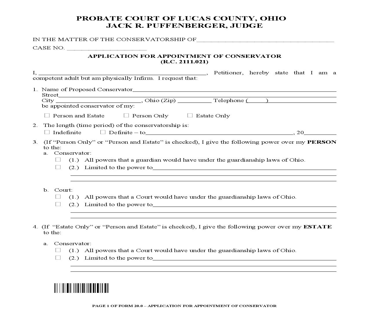 Application For Appointment Of Conservator {20.0} | Pdf Fpdf Doc Docx | Ohio