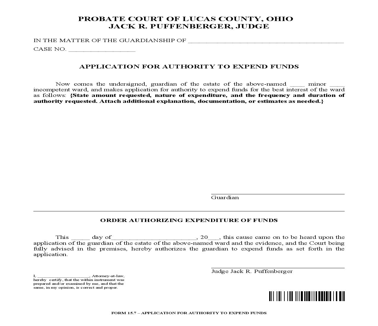 Application For Authority To Expend Funds {15.7} | Pdf Fpdf Doc Docx | Ohio