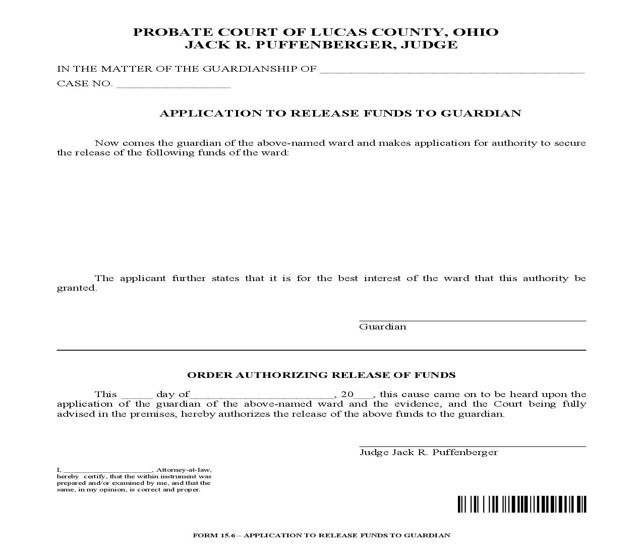 Application To Release Funds To Guardian {15.6} | Pdf Fpdf Doc Docx | Ohio