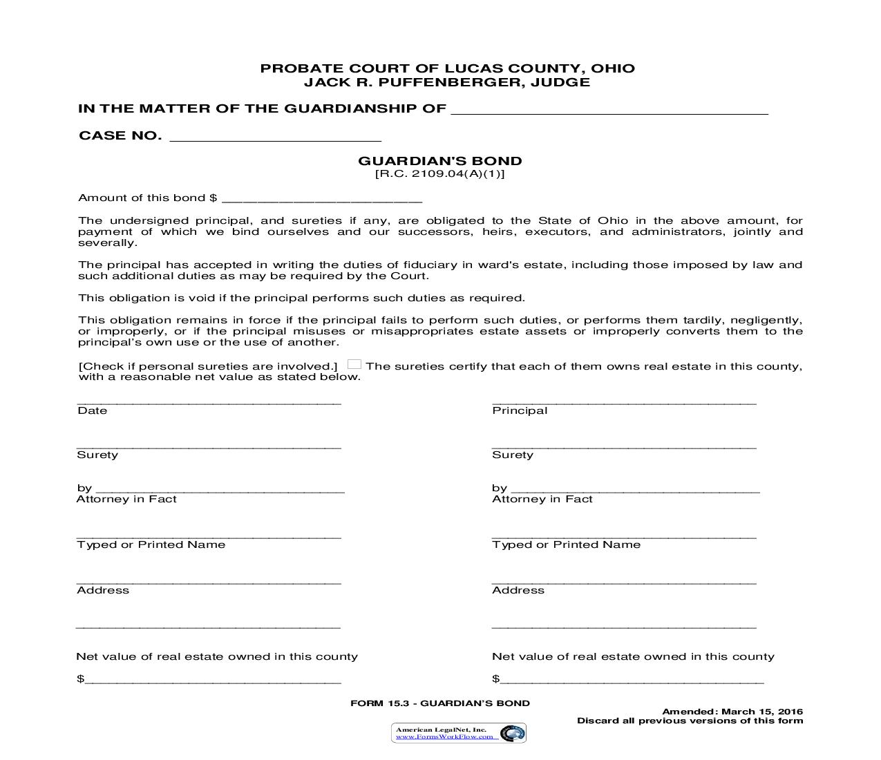 Guardians Bond {15.3} | Pdf Fpdf Doc Docx | Ohio